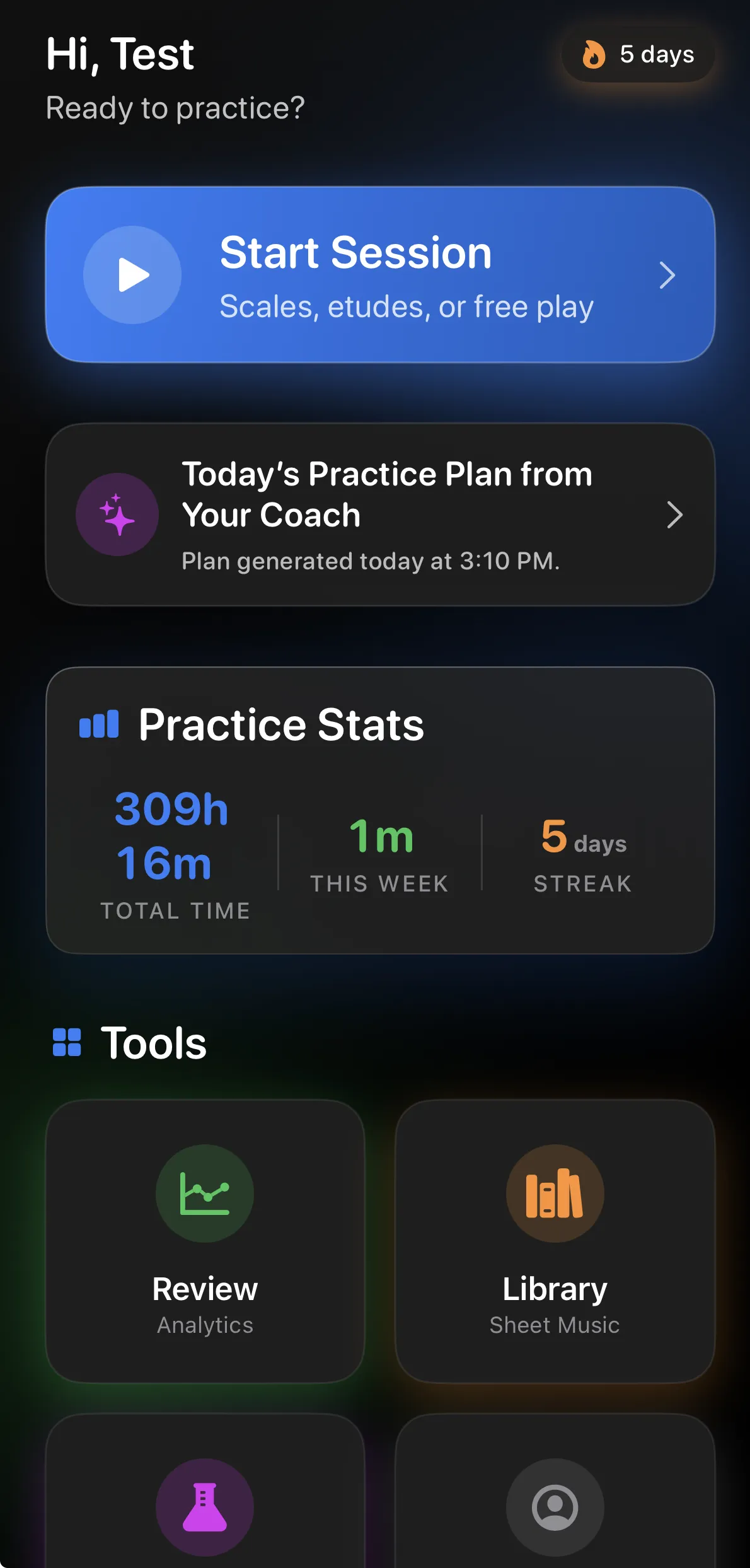 Virtunity dashboard showing practice plan