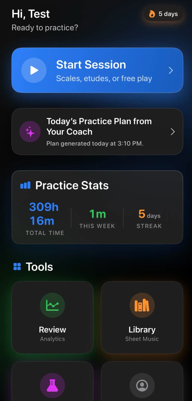 Virtunity daily practice plan showing exercises tailored to your instrument