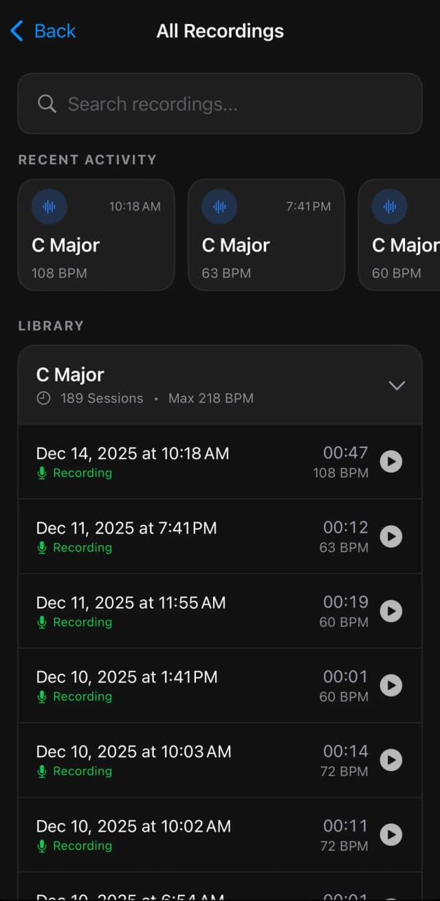 Virtunity recording library tracking practice sessions over time