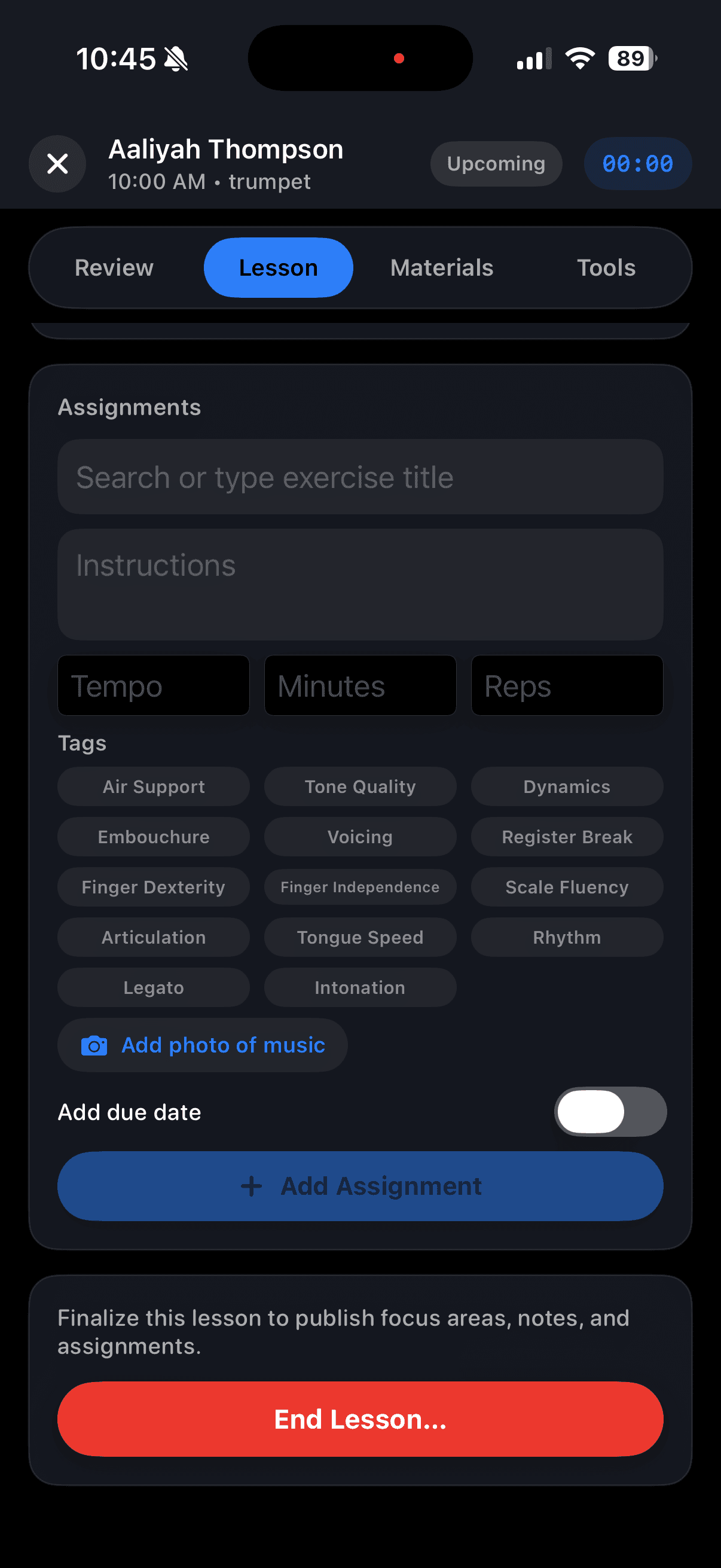 Virtunity teacher assignment builder for scales, exercises, and repertoire