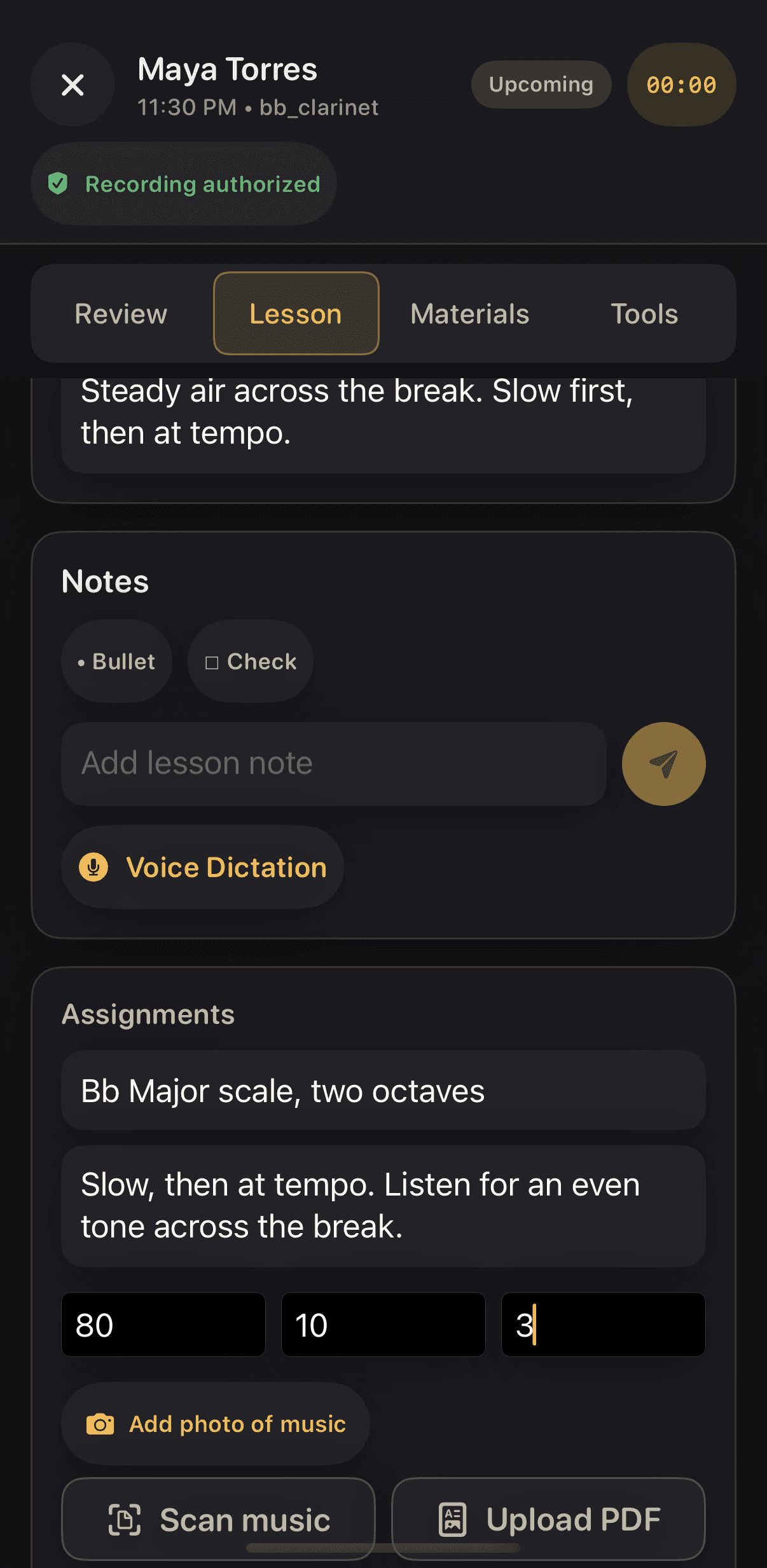 Assignment form filled with a title, instructions, tempo 80, ten minutes, and three reps