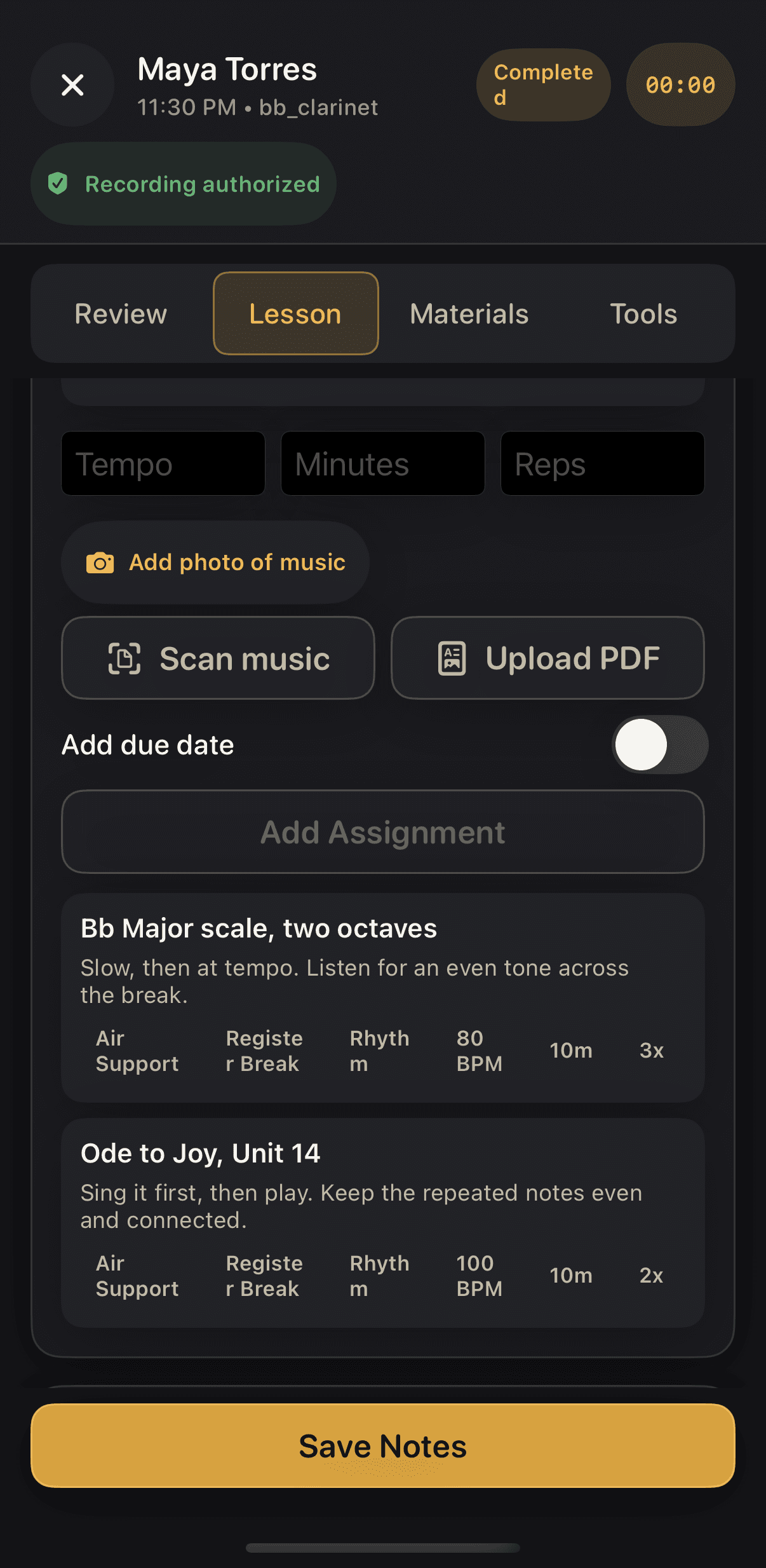 The completed lesson with both assignment cards and a Save Notes button
