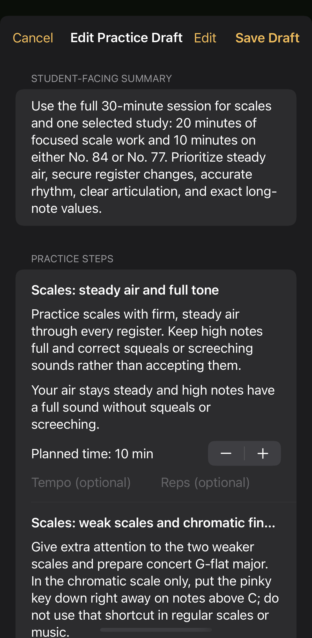 Edit Practice Draft screen with the student-facing summary, a practice step, and a planned time stepper