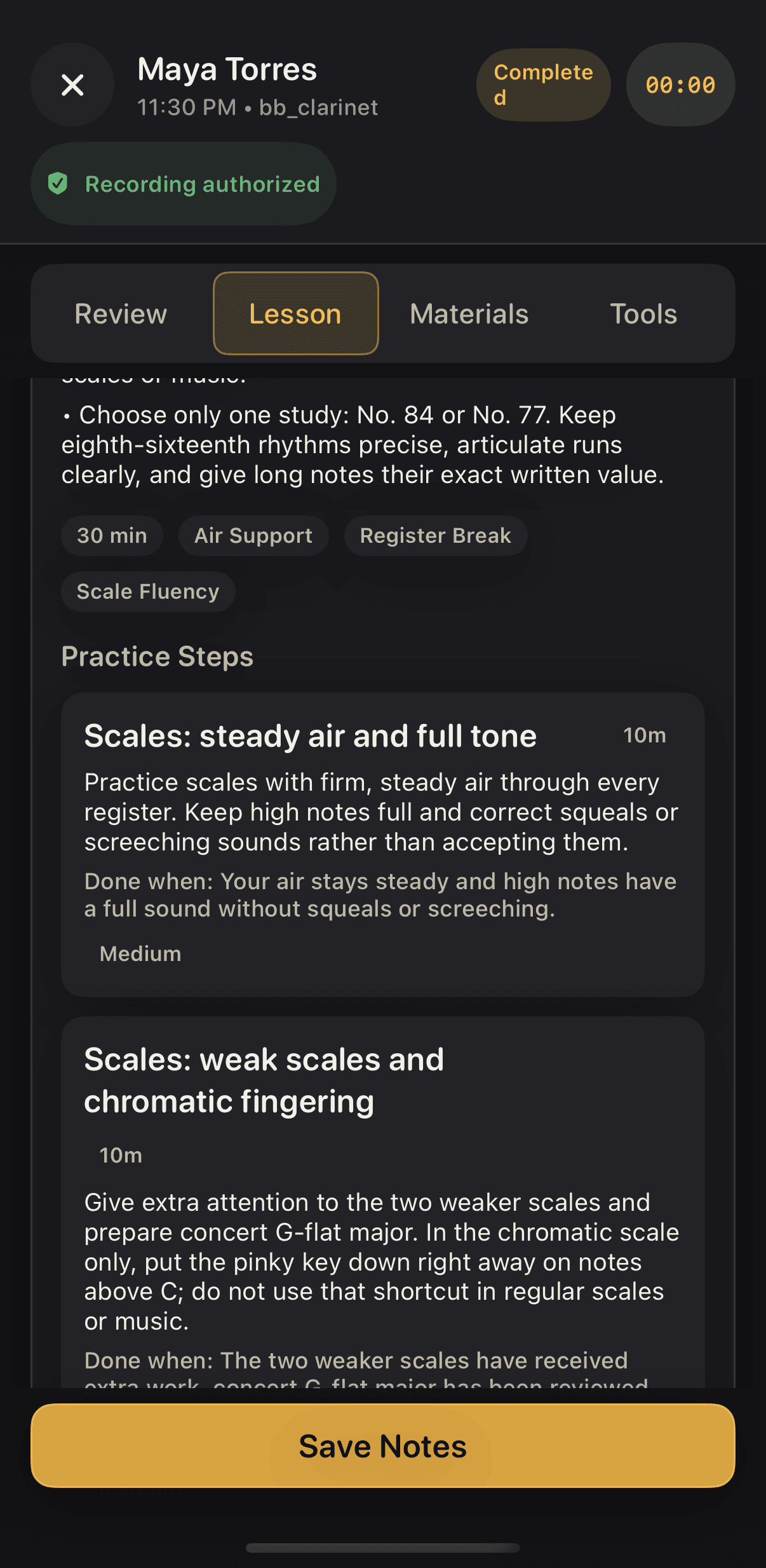 Practice Steps in the draft, each with instructions, a done-when line, and planned minutes