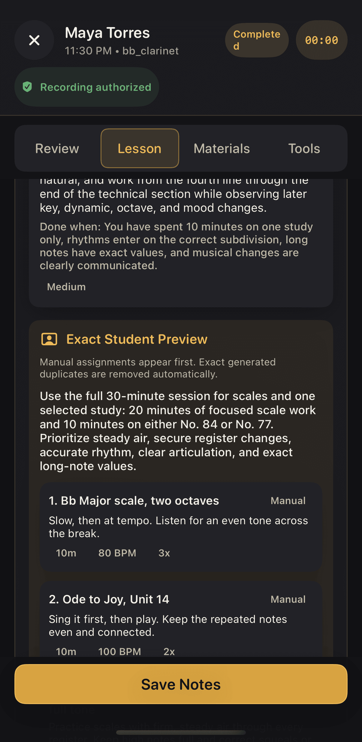 Exact Student Preview showing the manual Bb Major scale and Ode to Joy assignments ahead of the generated steps