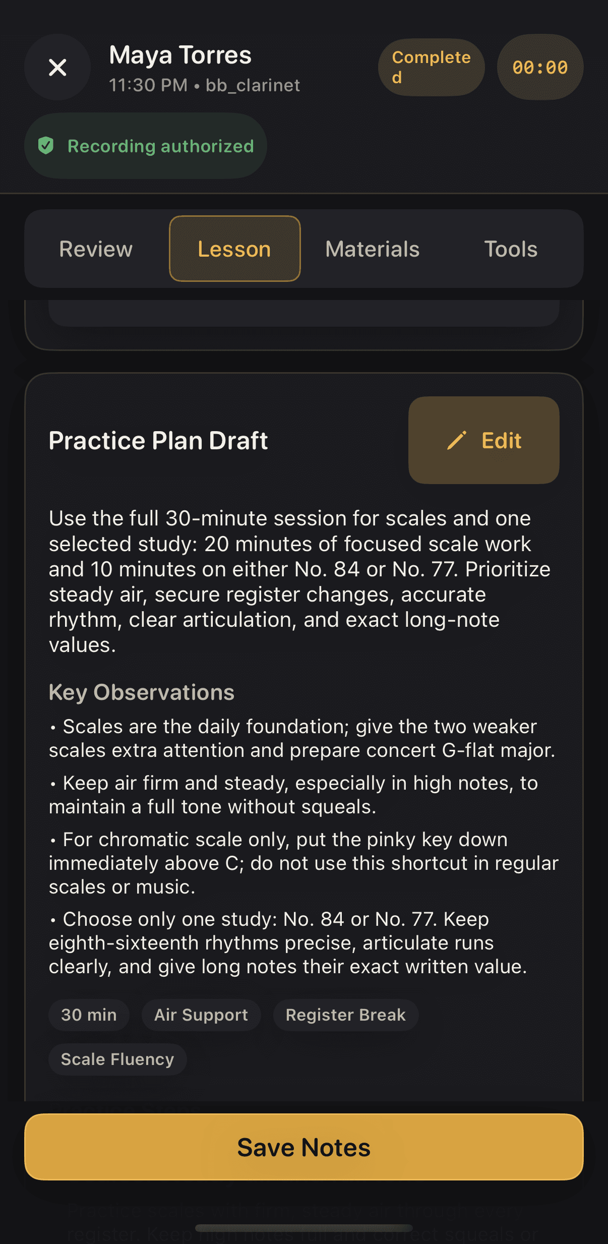 Practice Plan Draft with an Edit button, a student-facing summary, and four key observations from the lesson