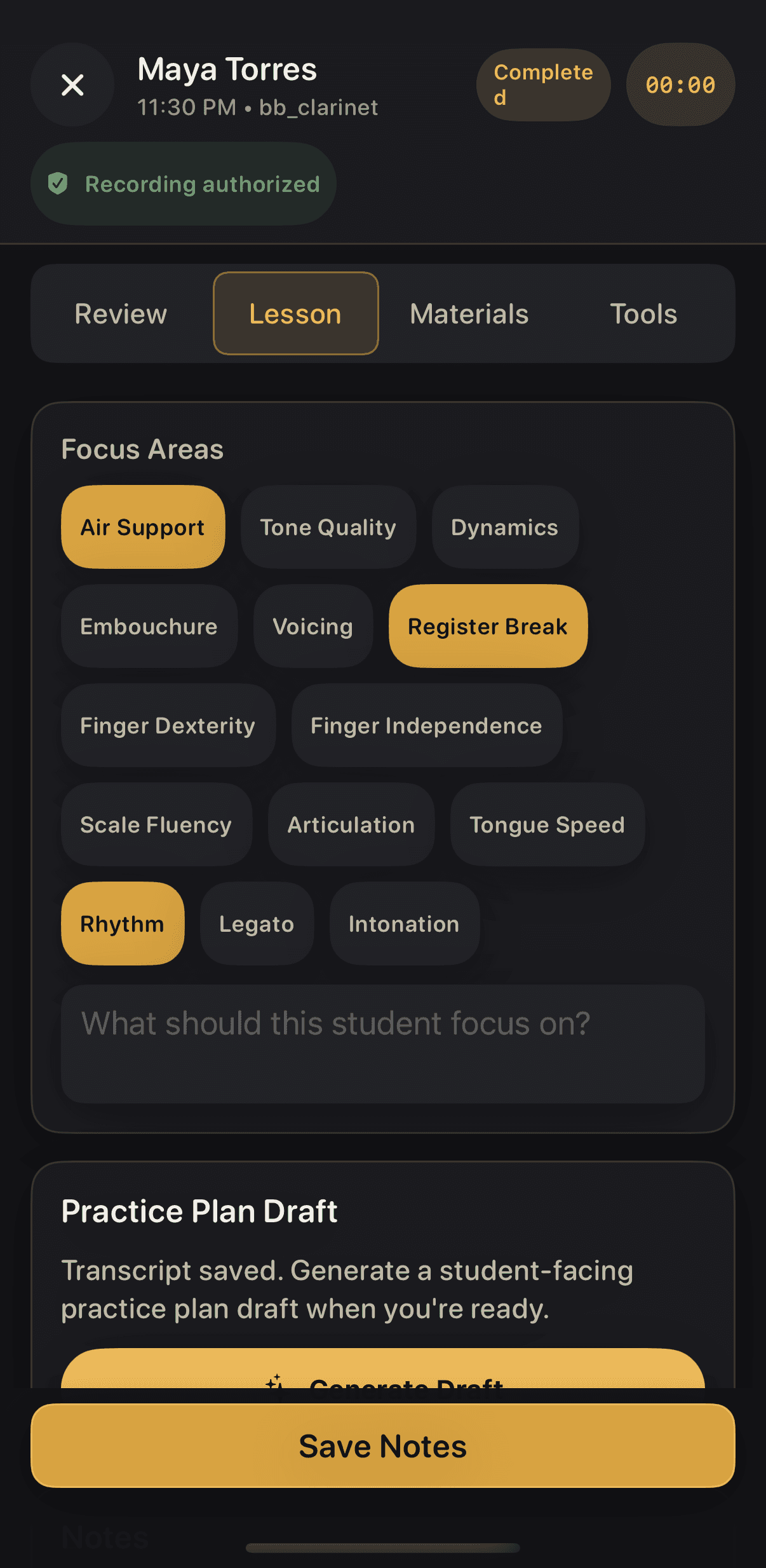 Completed lesson with Air Support, Register Break, and Rhythm selected and a Practice Plan Draft card reading Transcript saved