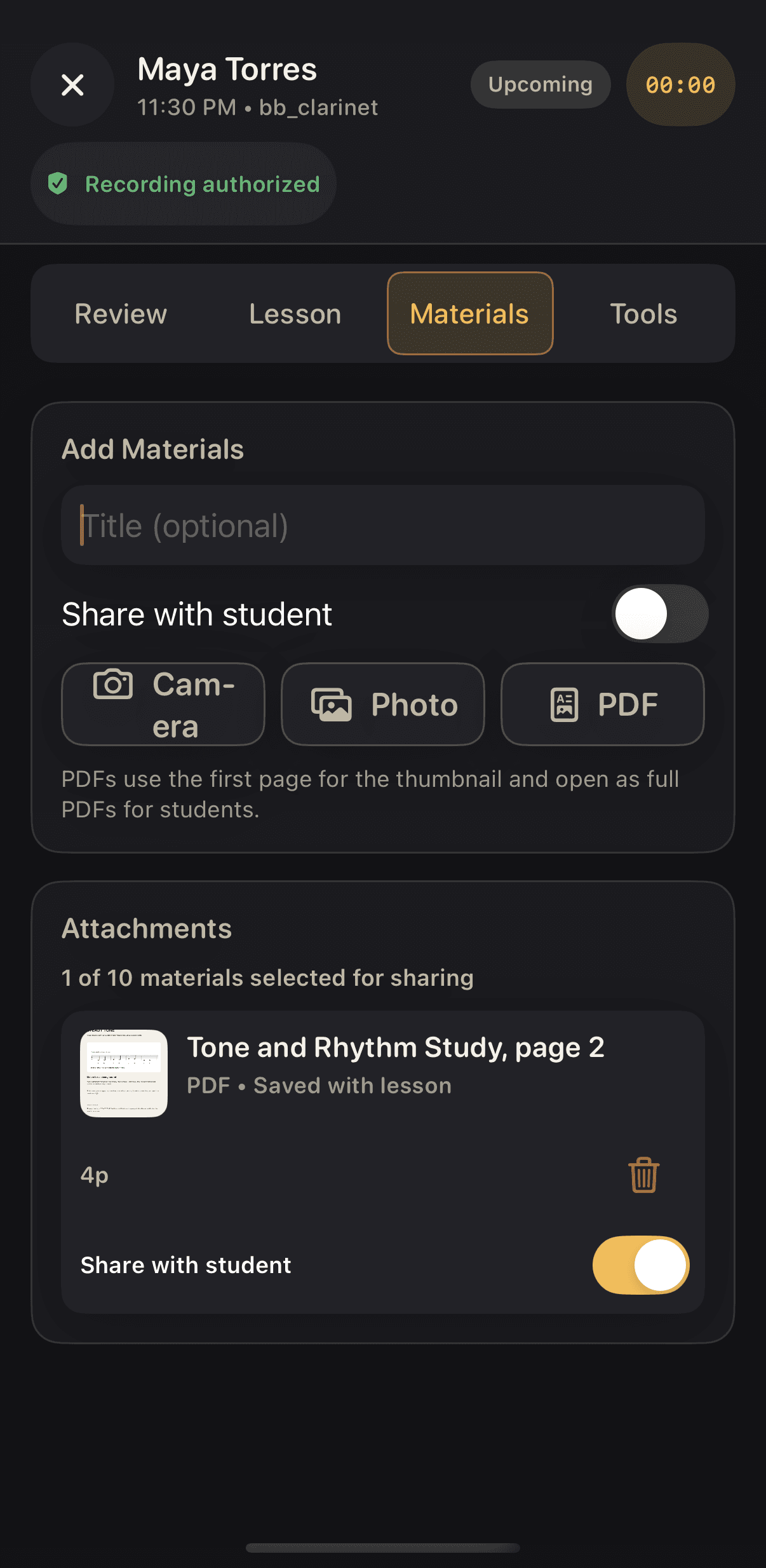 Materials tab with a four-page PDF attached, saved with the lesson, and Share with student switched on