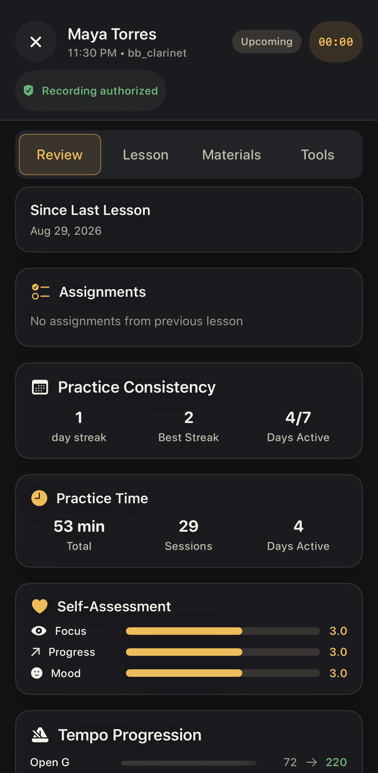 Lesson Review tab with practice consistency, practice time, self-assessment, and tempo progression since the last lesson