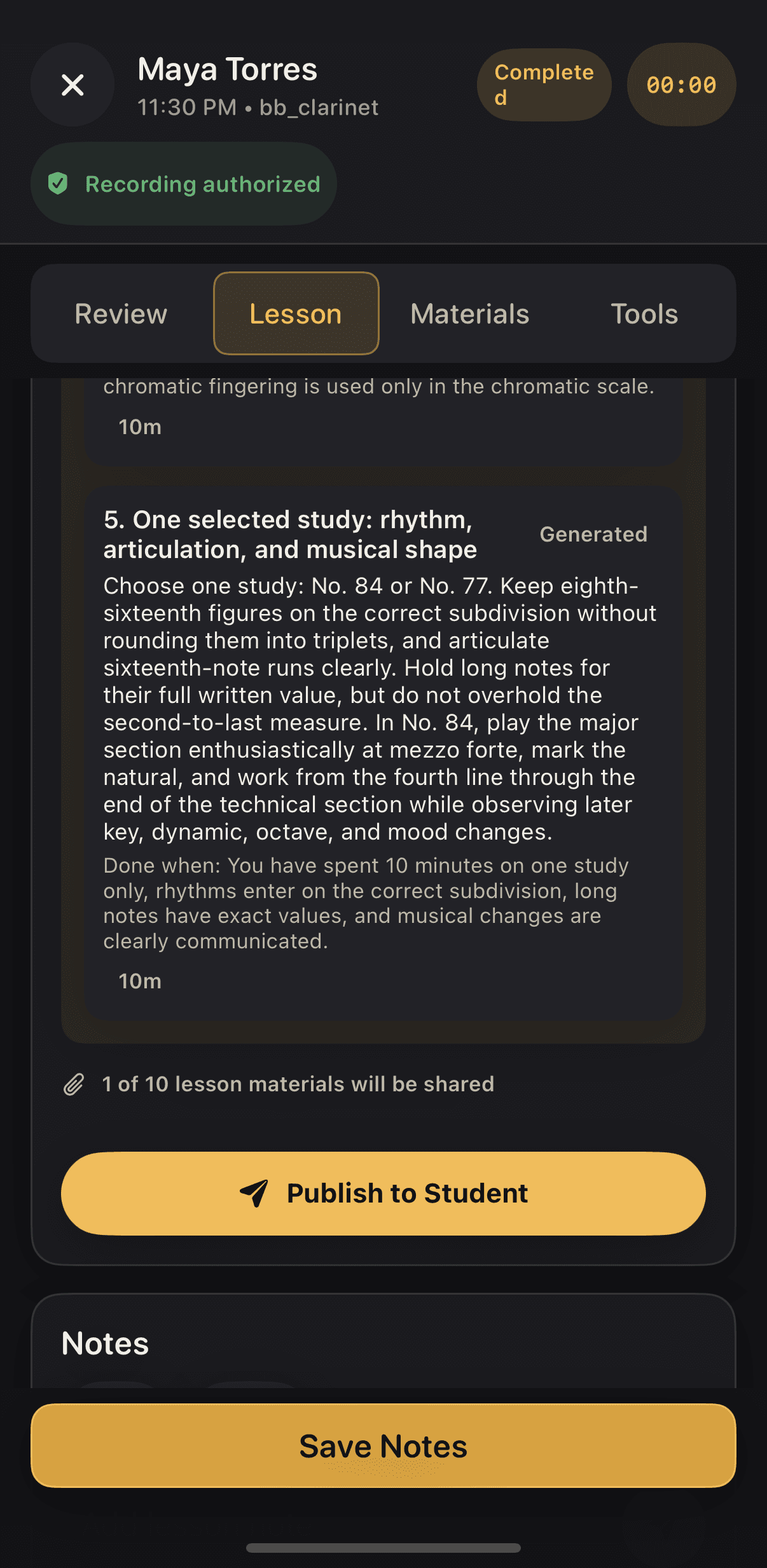 The end of the draft with 1 of 10 lesson materials will be shared and a Publish to Student button