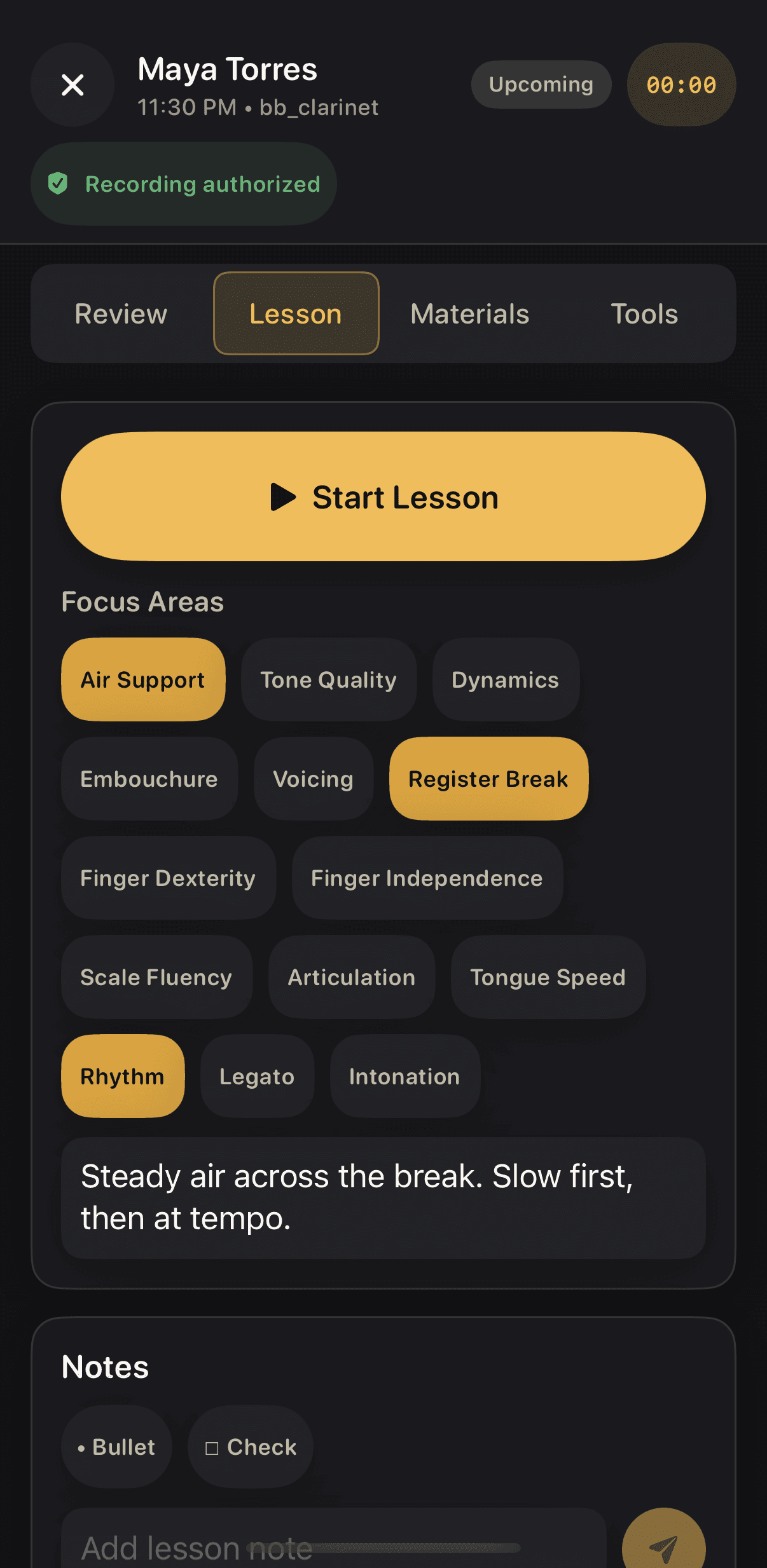 Lesson tab with Air Support, Register Break, and Rhythm focus areas selected and a focus note