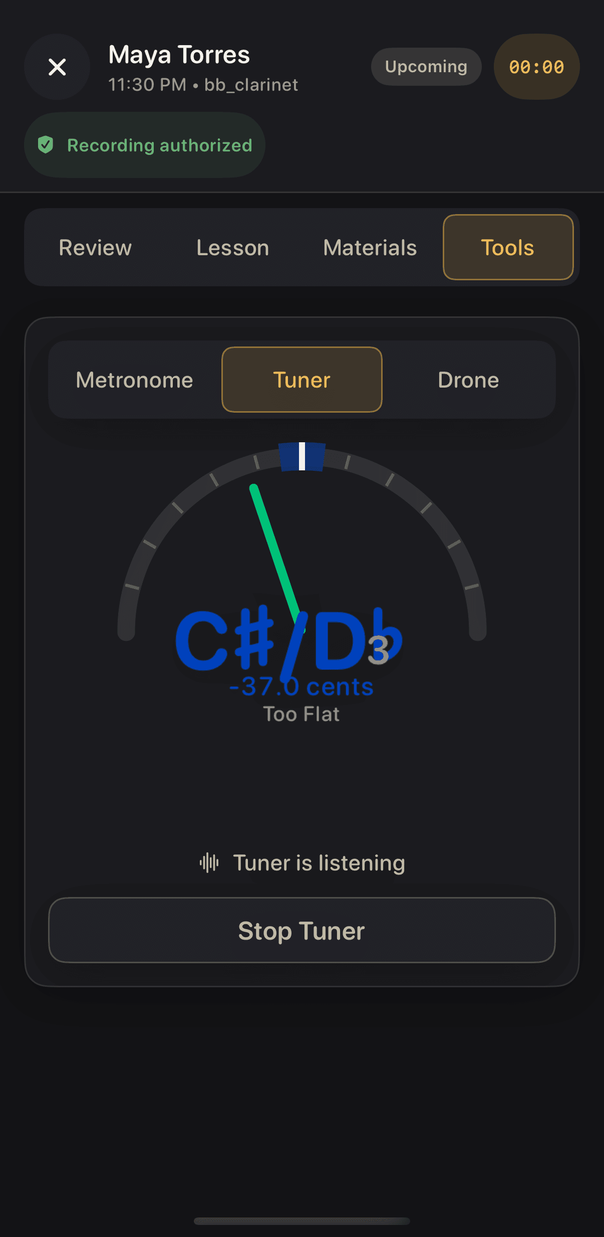 Lesson Tools tab showing the tuner reading plus zero cents, Perfect