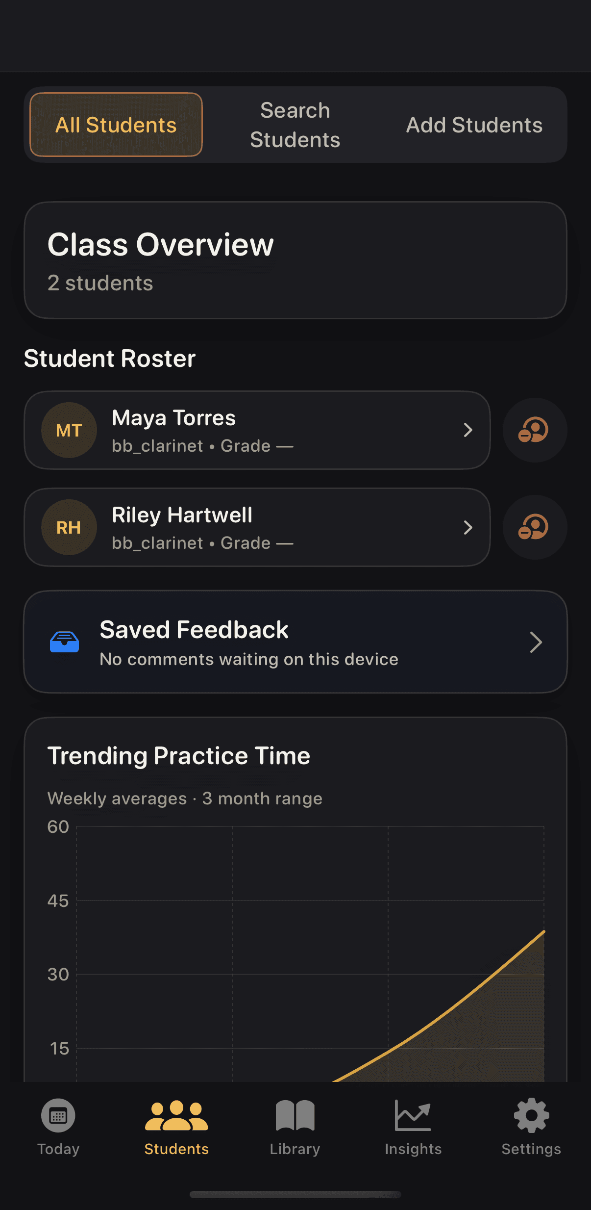 Teacher Students tab with a two-student roster and a trending practice time chart