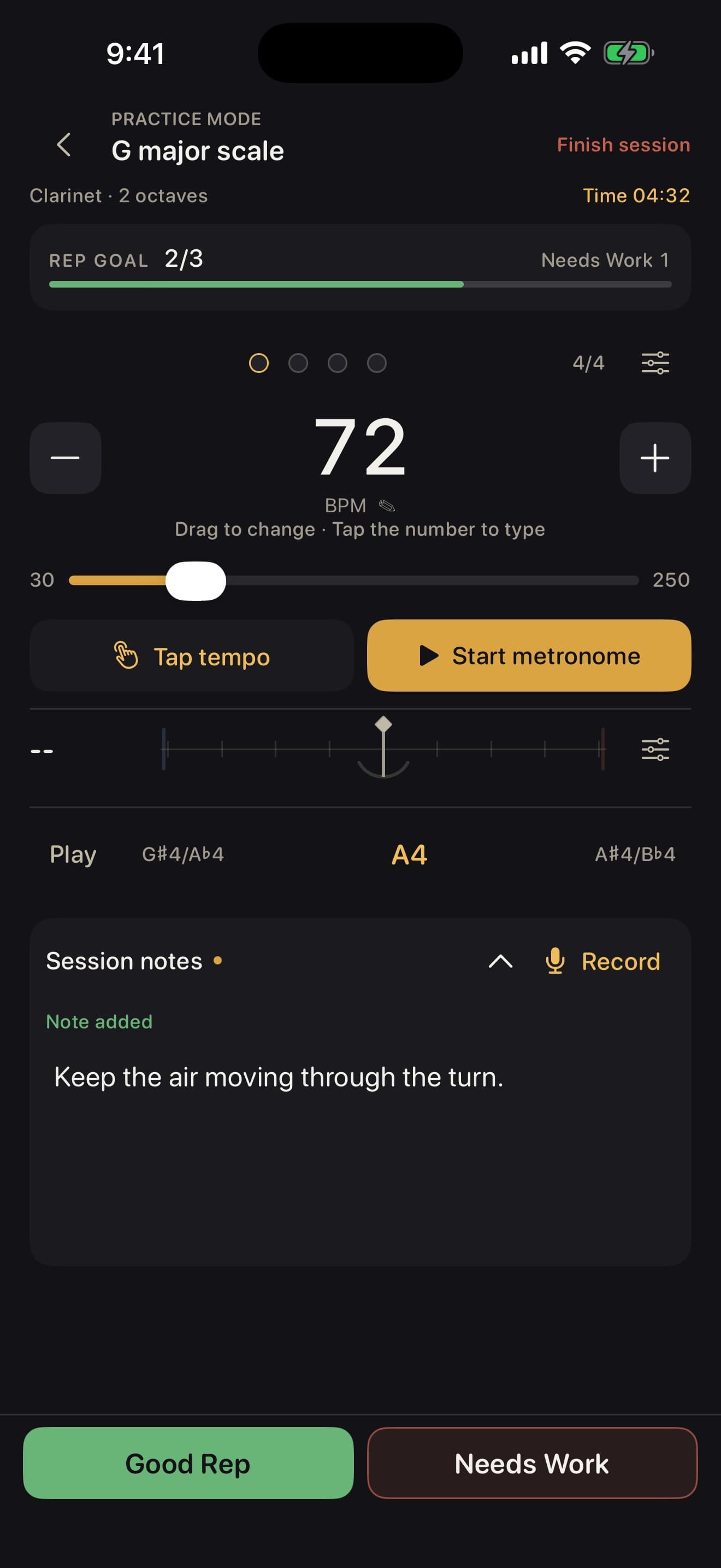 The tools and timer stay with the practice step.